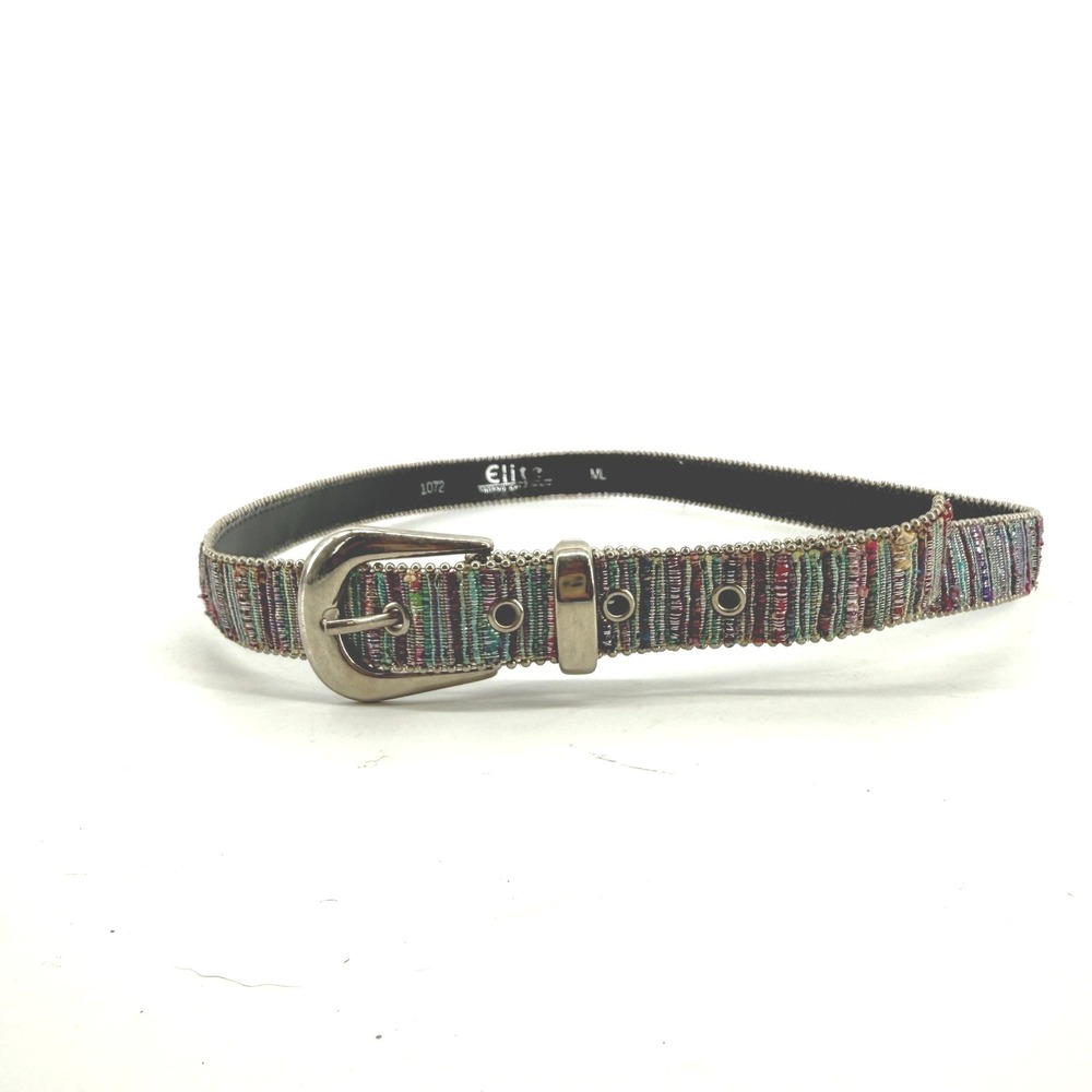 Elite Belt Women ML Multicolor Woven Metallic Beaded Silver Buckle Boho 1072